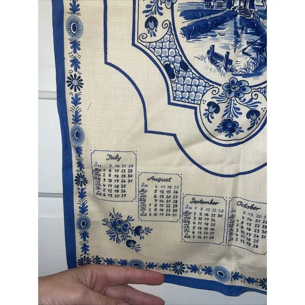 Beautiful Tea Towel Highlighting Holland Countryside. 1974 Calendar. Blue And Wh